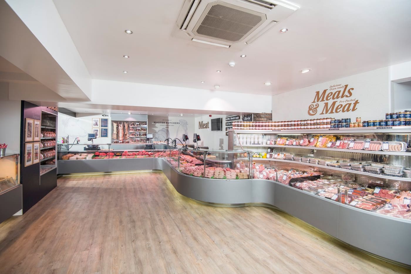 The meat counter at Neil Powell Master Butchers, Abergavenny, with the day's cuts on display.